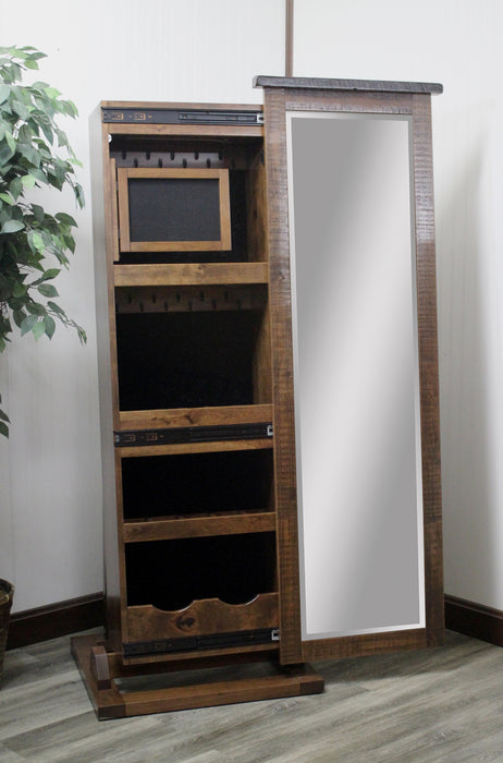 Amish Barnwood Top Mega Leaner Mirror
Sliding Mirror (Slides To The Right Standard)
Hinged Earring Door
11 Hook Necklace Board
Secret compartment for Storage