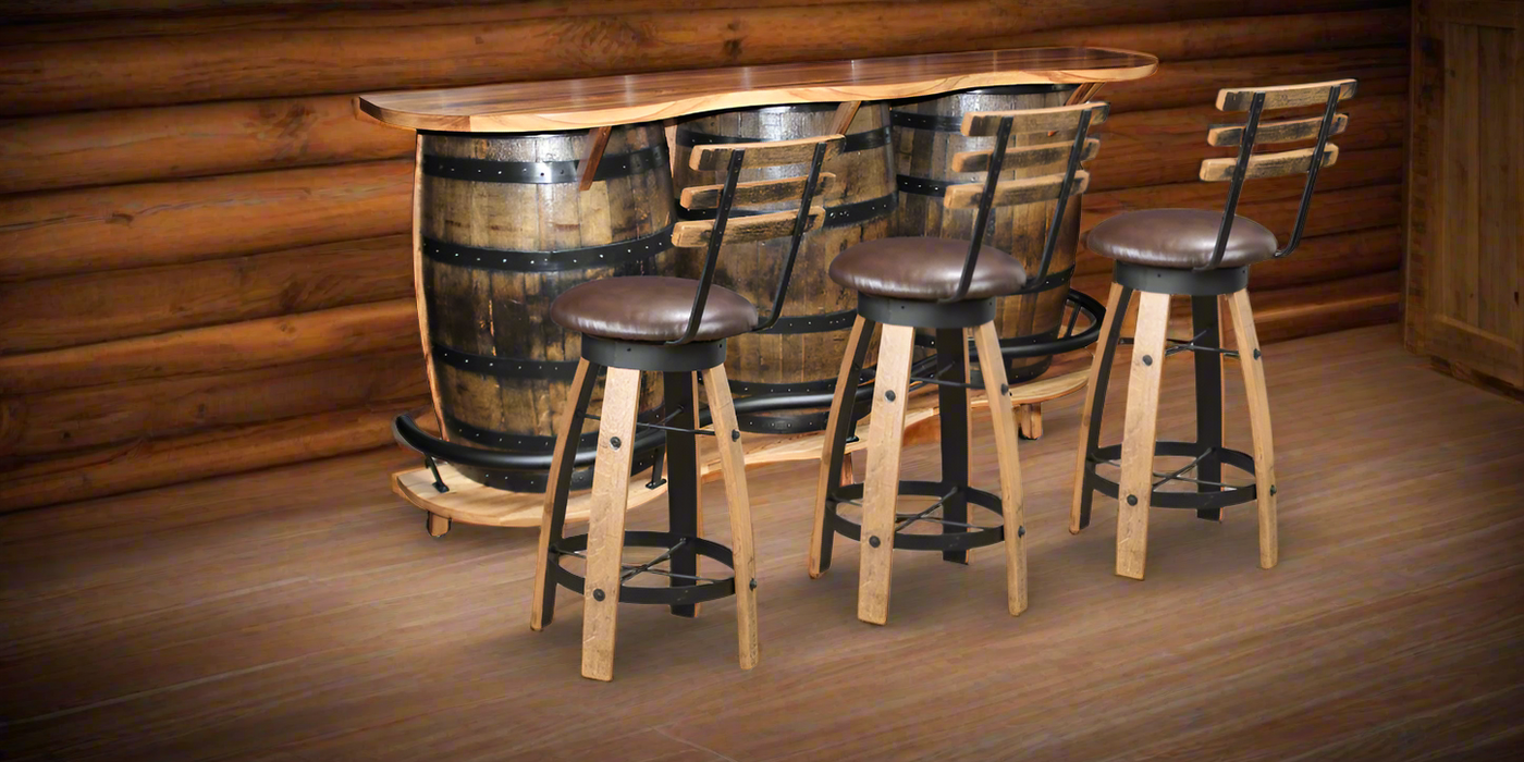 Amish Reclaimed Barrel Bar & Swivel Barrel Fabric Stools Pub Dining Sets Reclaimed Barnwood