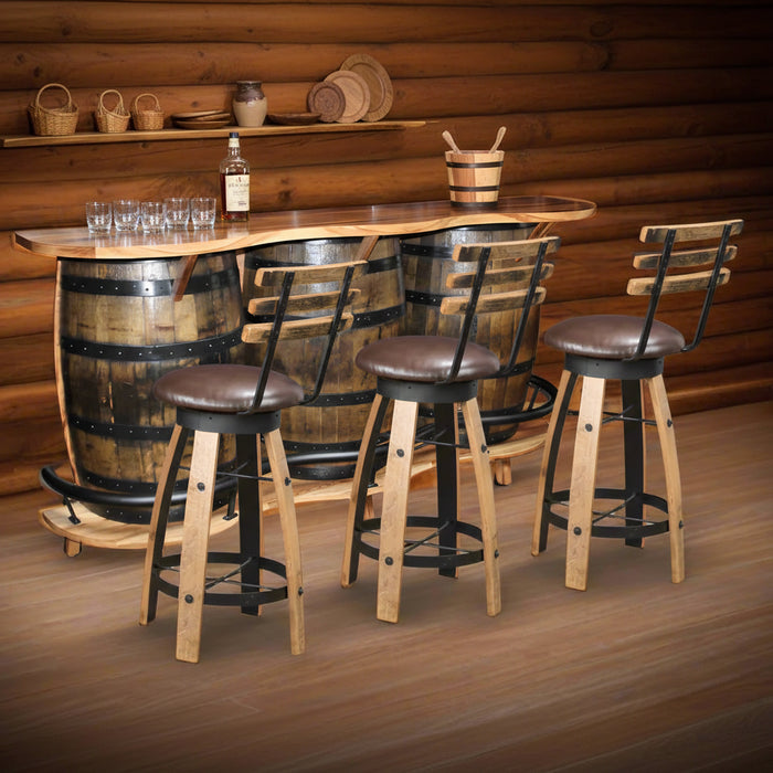 Whiskey Barrel 3 Barrel Home Bar with Whiskey Barrel Swivel Bar Stools Amish Made Front Facing