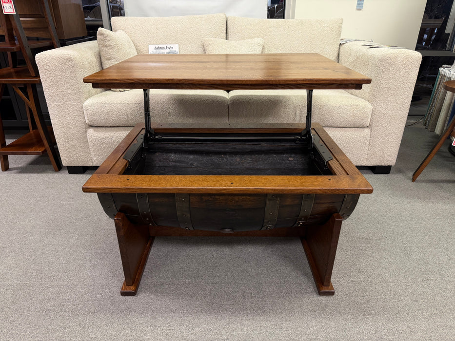 Amish Barrel Coffee Table with Lift Top Quarter Sawn White Oak OCS 113 Michaels Stain