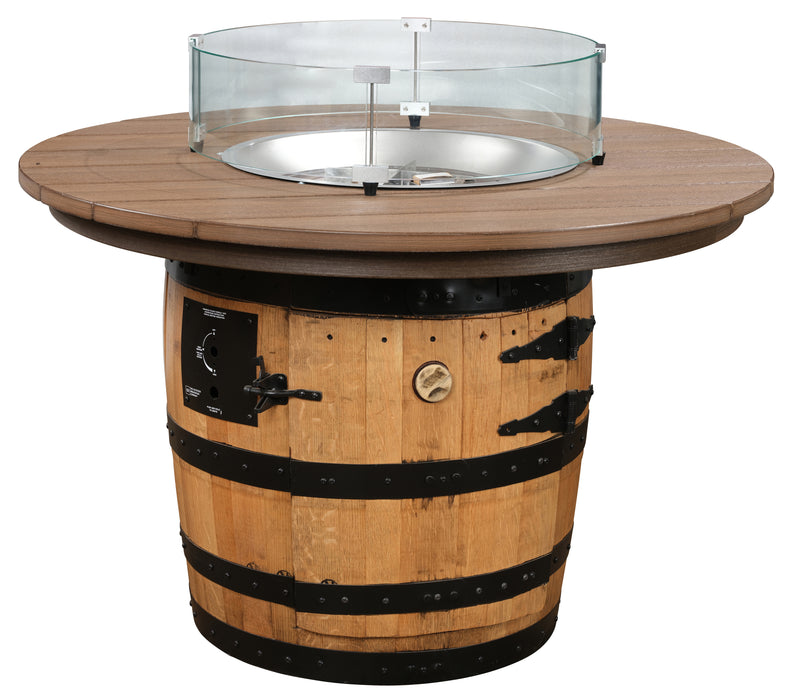 Whiskey Barrel Firepit Table with Polywood Top Center Firepit Propane or Natural Gas Amish Made Front Facing