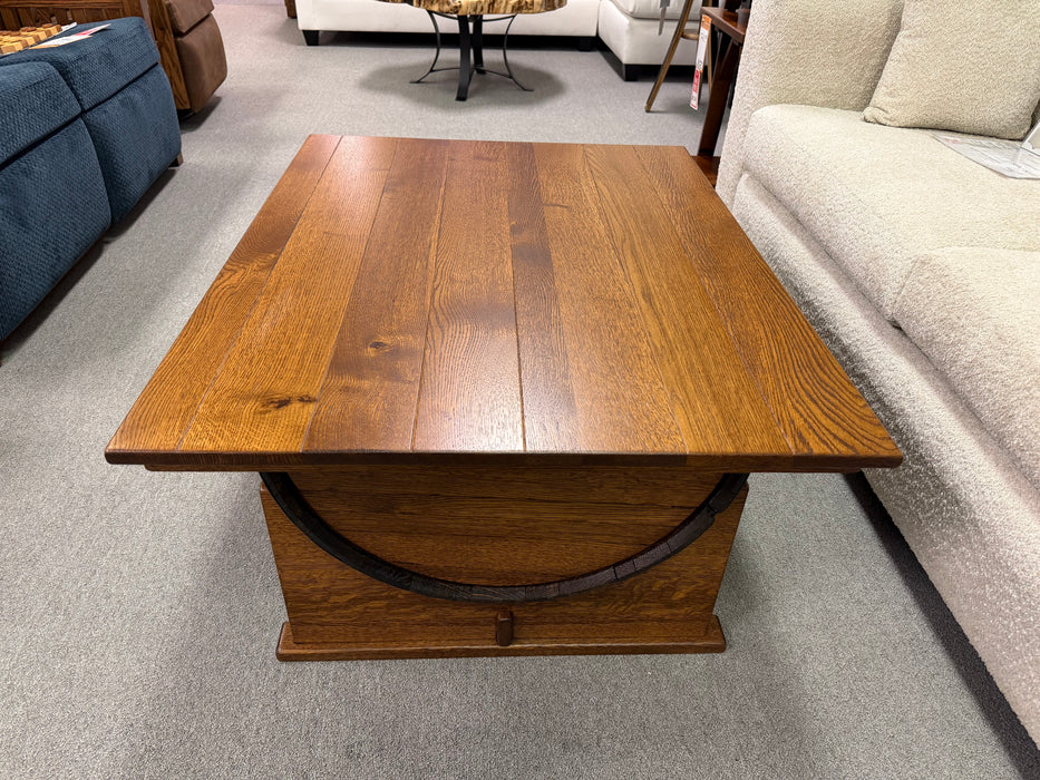 Amish Barrel Whiskey Barrel Coffee Table with Lift Top in Quarter Sawn White Oak with OCS 113 Michaels Stain Color