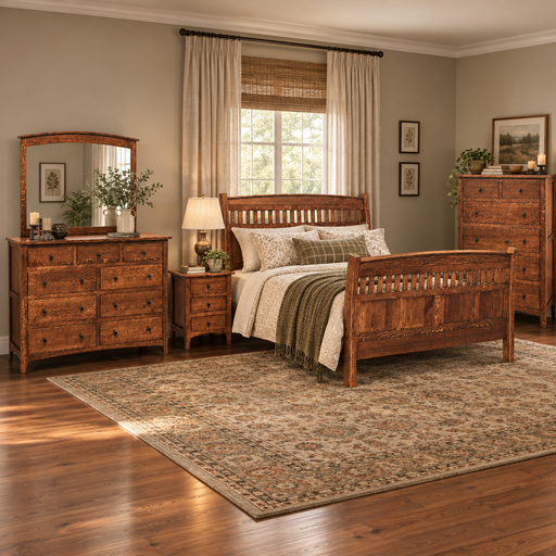 Amish Barrs Mill Mission 5-pc. Bedroom Set - J&M Woodworking - Solid Quarter Sawn White Oak Amish Bedroom Set - Mission Bedroom Set Solid QSWO - OCS-113 Michaels Stain - Sleigh Bed  - In-Bedroom Photo