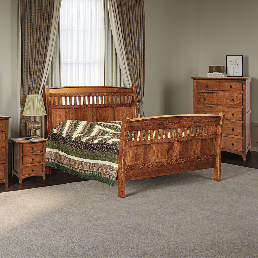 Amish Barrs Mill Mission 5-pc. Bedroom Set - J&M Woodworking - Solid Quarter Sawn White Oak Amish Bedroom Set - Mission Bedroom Set Solid QSWO - OCS-113 Michaels Stain - Sleigh Bed