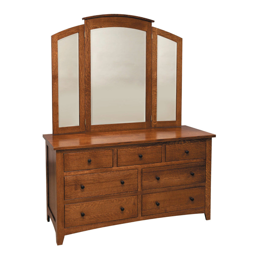 Amish Barrs Mill Mission 7-Drawer Dresser & Tri-Fold Mirror - J&M Woodworking - Solid Quarter Sawn White Oak Amish Bedroom Set - Mission Bedroom Set Solid QSWO - OCS-113 Michaels Stain