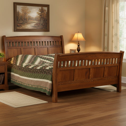 Amish Barrs Mill Mission Rake Bed - Mission Sleigh Bed - J&M Woodworking - Solid Quarter Sawn White Oak Amish Bedroom Set - Mission Bedroom Set Solid QSWO - OCS-113 Michaels Stain - Room Photo