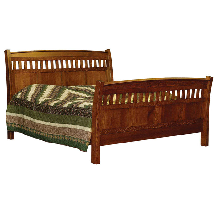 Amish Barrs Mill Mission Rake Bed - Mission Sleigh Bed - J&M Woodworking - Solid Quarter Sawn White Oak Amish Bedroom Set - Mission Bedroom Set Solid QSWO - OCS-113 Michaels Stain 