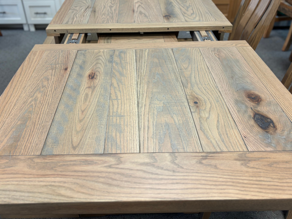 Amish Bayfield Rough Sawn Extension Table Dining Set - Bayfield Chairs - Wengerd Wood - Solid Rustic Red Oak - Plank Top & Breadboard Ends - Top Detail