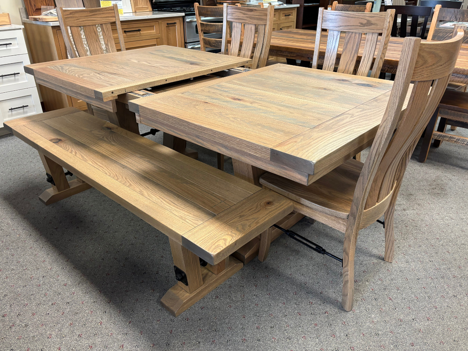 Amish Bayfield Rough Sawn Extension Table Dining Set - Bayfield Chairs - Wengerd Wood - Solid Rustic Red Oak - Plank Top & Breadboard Ends