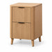 A light natural wood two-drawer file cabinet with a ribbed drawer front, rounded top corners, and tapered legs, shown on a plain white background.
