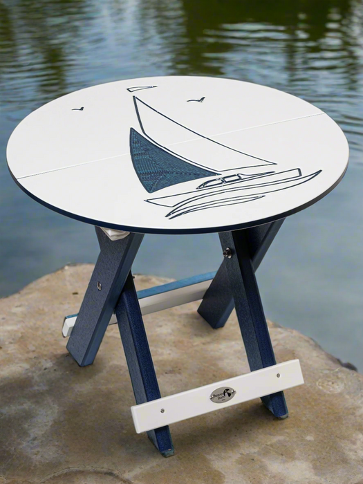 Amish Bayside Round Folding Table
Amish Made Poly Round Folding Table
Bright White on Patriot Blue (Sailboat)
