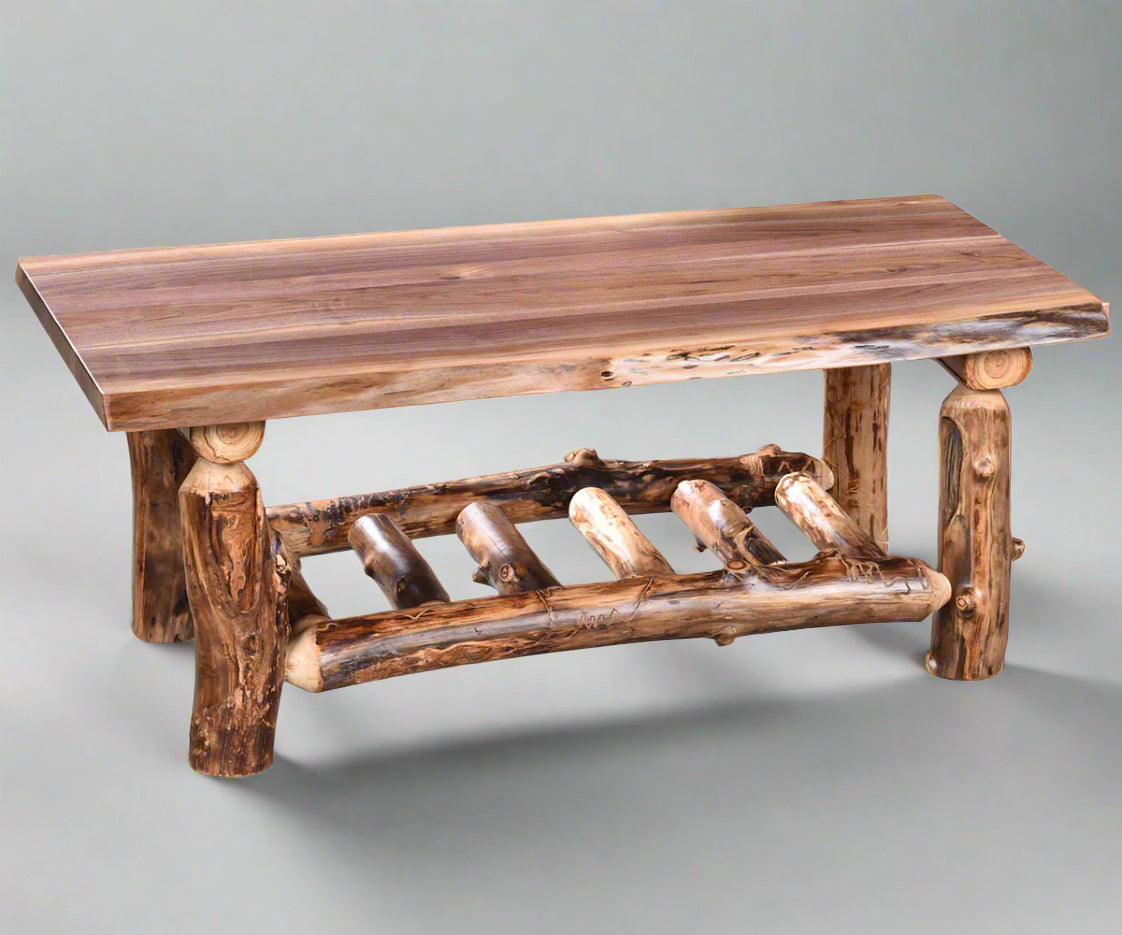 Amish Bear Claw Aspen Log Coffee Table with Live Edge Walnut Top