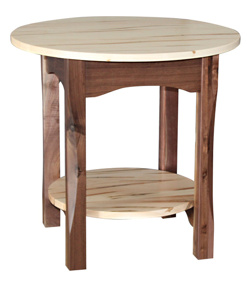 Amish Bennett Round End Table - Amish Round End Table - Solid Wormy Maple And Walnut End Table