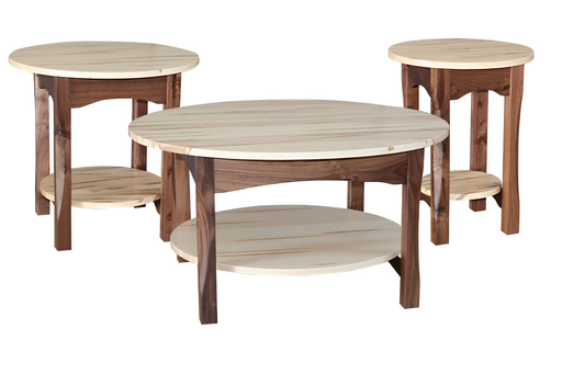 Amish Bennett Round Living Room Tables - Amish Living Room Tables Set - Wormy Maple & Walnut Amish Living Room Tables