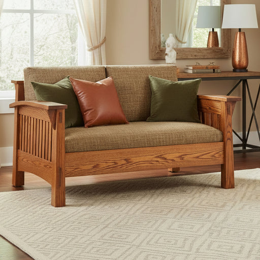 Amish Benton Mission Love Seat - QF-4575 - Country Mission Amish Sofa - Bench Style Seat - Premium Fabric