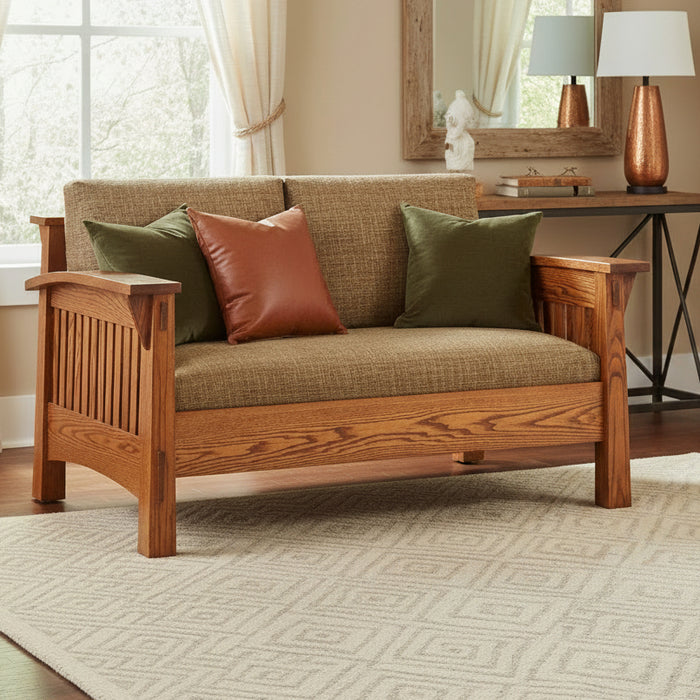 Amish Benton Mission Love Seat - QF-4575 - Country Mission Amish Sofa - Bench Style Seat - Premium Fabric