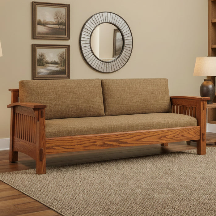 Amish Benton Mission Sofa - QF-4575 - Country Mission Amish Sofa - Bench Style Seat - Premium Fabric