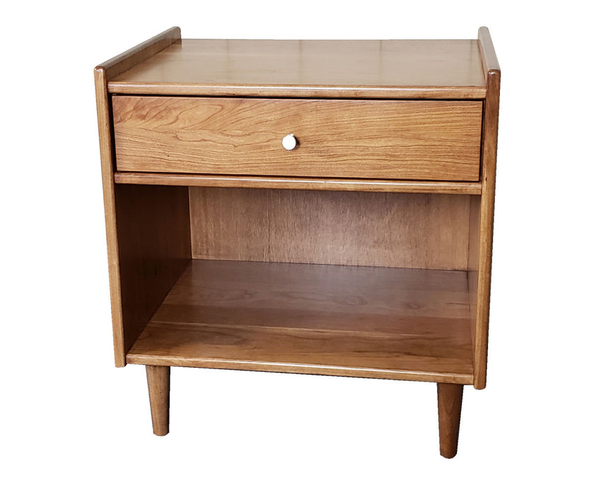 Amish Benton Style open Nightstand Mid Century look with K426-SN Knobs in Chestnut Stain on Sap Cherry Wood