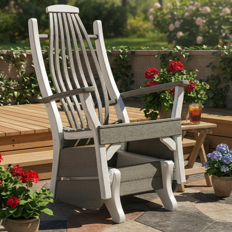 Amish Bentwood Single Glider Light Grey on white outdoor poly furniture