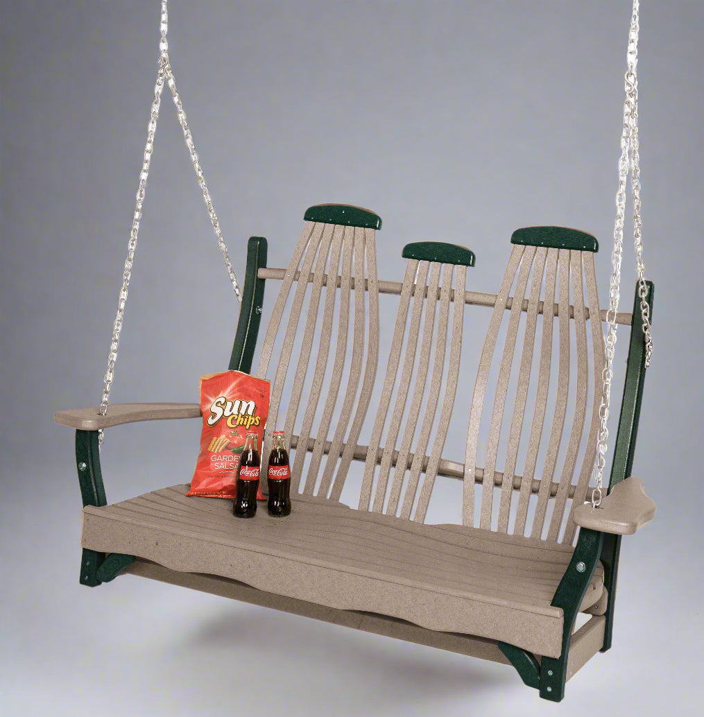 Amish Bentwood Swing Poly Outdoor Furniture Weatherwood on Turf Green