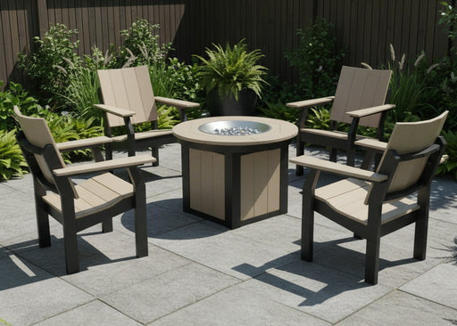 Amish Berkley 36" Firepit With 4 Berkley Chat Chairs - Weatherwood on Black - Buckeye Poly - Set Photo