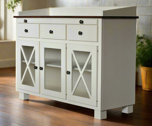 Amish Blakely 3-Door Server
Brown Maple- 342 Country White
Fluted Glass in Bottom Doors
1 Adjustable Shelf w/ Pullout Server Tray
