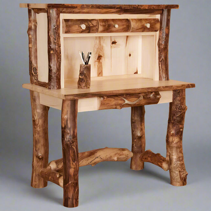 Amish Blue Ridge Aspen Log Writing Desk with Hutch Top Rustic Log Cabin Desk
