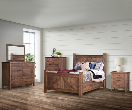 Amish Blue Ridge Bedroom Set 5-Pc.
- (1) Bed: 62" High Headboard, 34" High Footboard
- (1) 9-Drawer Dresser: 56" Wide x 22" Deep x 45.5" High
- (1) Dresser Mirror: 40" Wide x 31" High
- (1) 6-Drawer Chest of Drawers: 38" Wide x 22" Deep x 55.5" High
- (1) 3-Drawer Nightstand: 26" Wide x 20" Deep x 31" High
Dresser Available with or without Mirror