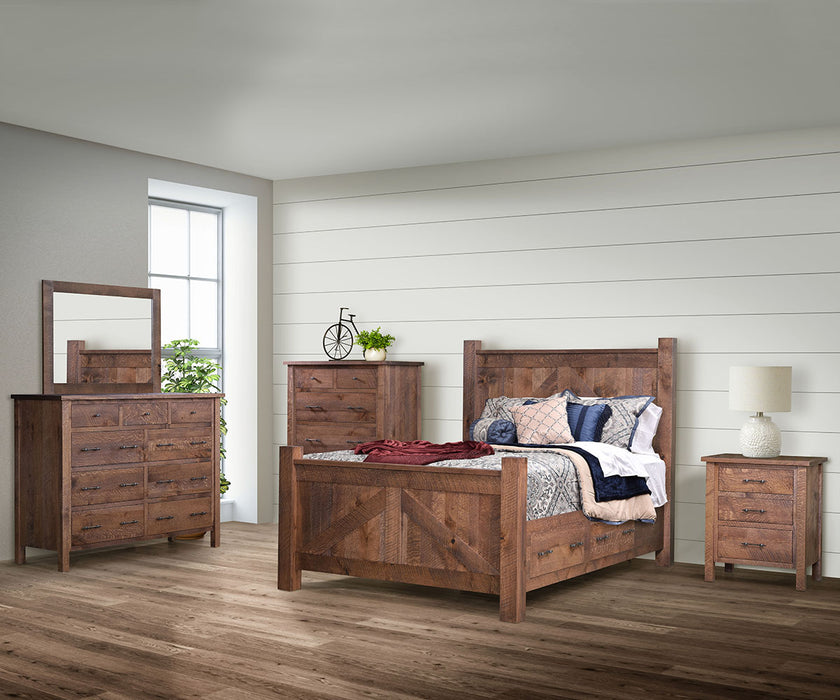 Amish Blue Ridge Bedroom Set 5-Pc.
- (1) Bed: 62" High Headboard, 34" High Footboard
- (1) 9-Drawer Dresser: 56" Wide x 22" Deep x 45.5" High
- (1) Dresser Mirror: 40" Wide x 31" High
- (1) 6-Drawer Chest of Drawers: 38" Wide x 22" Deep x 55.5" High
- (1) 3-Drawer Nightstand: 26" Wide x 20" Deep x 31" High
Dresser Available with or without Mirror