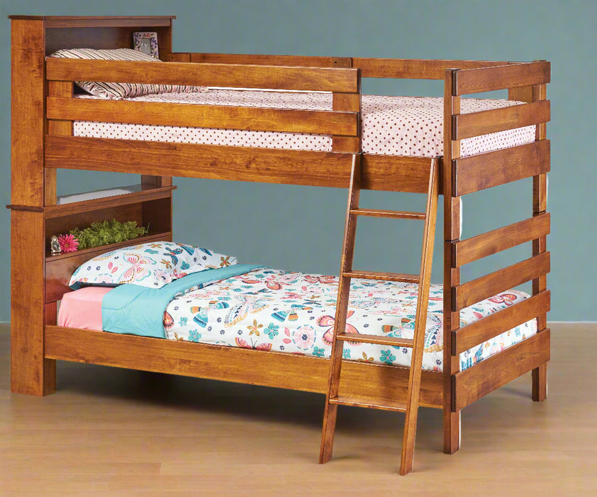 Amish Bookcase Bunk Bed Solid Maple Wood with OCS 113 Michaels Stain Color Front Facing