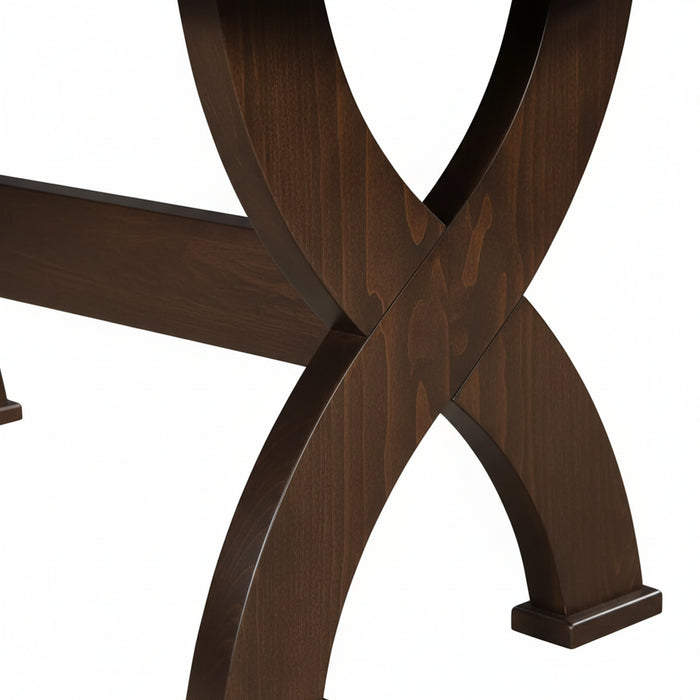 Amish Bristol Double Pedestal Dining Table - Modern X-Base Amish Table - Beveled Edge - Sap Cherry - OCS-122 Cocoa - Base Close-Up