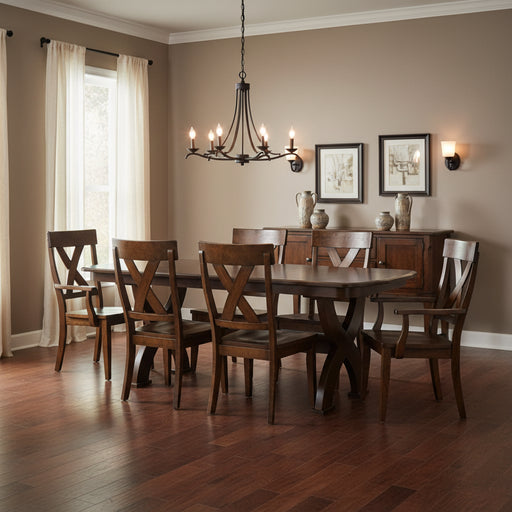 Amish Bristol Double Pedestal Dining Table - Modern X-Base Amish Table - Beveled Edge - Sap Cherry - OCS-122 Cocoa - In-Room Photo