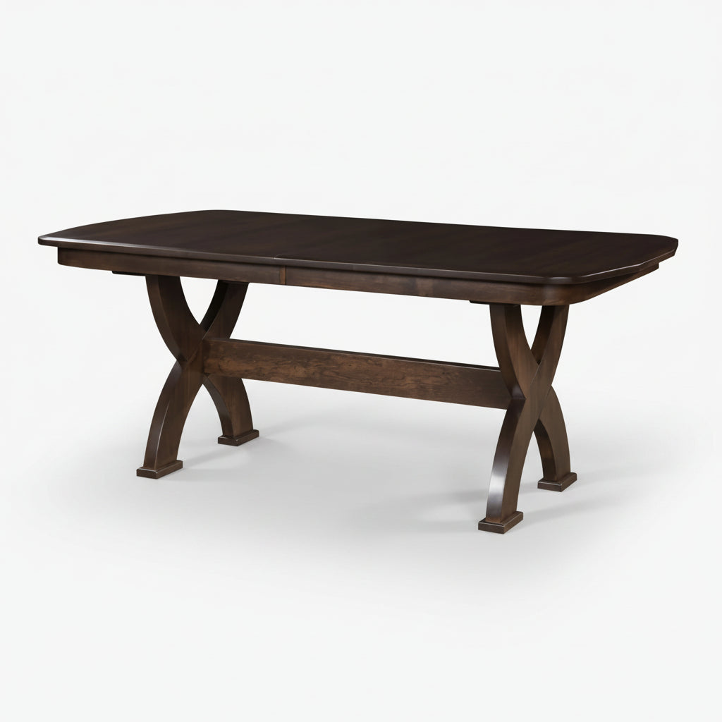 Amish Bristol Double Pedestal Dining Table - Modern X-Base Amish Table - Beveled Edge - Sap Cherry - OCS-122 Cocoa - No Background