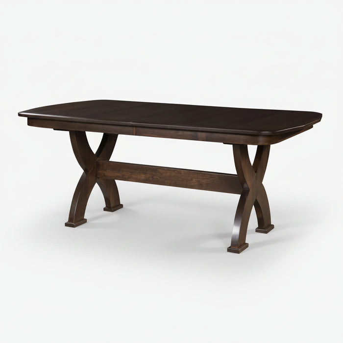 Amish Bristol Double Pedestal Dining Table - Modern X-Base Amish Table - Beveled Edge - Sap Cherry - OCS-122 Cocoa - No Background