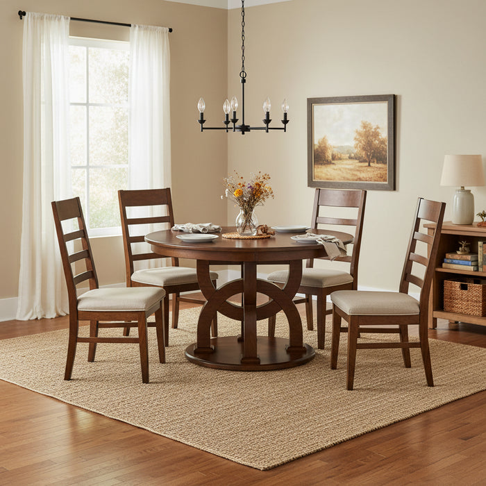 Amish Broadway Single Pedestal Round Table - Sap Cherry - OCS-117 Asbury - Unique Amish Table Base - Modern Amish Table - In-Room Photo With Chairs