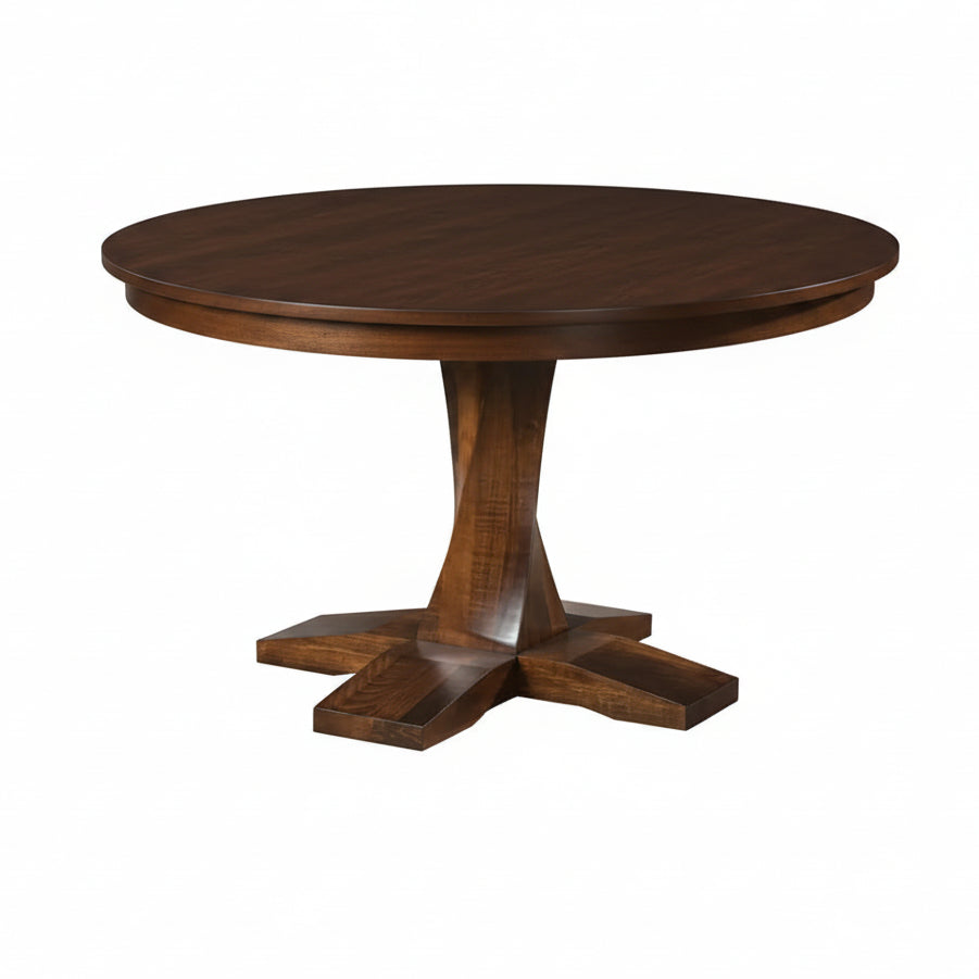 Amish Browning Twisted Single Pedestal Table - Modern Twisted Amish Table  Base - Solid Brown Maple Amish Table- OCS-228 Rich Tobacco