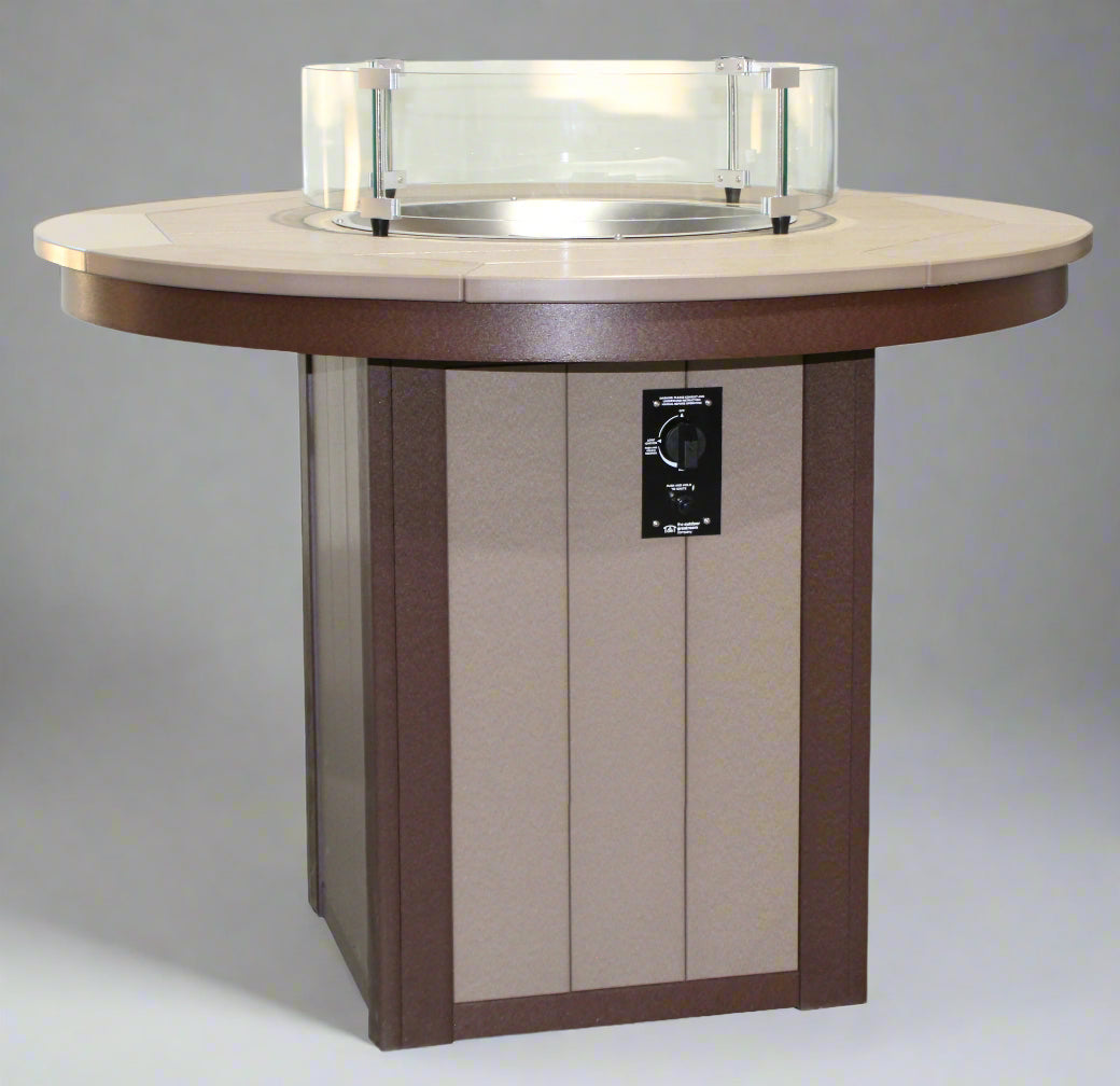 Amish Buckeye 48" Round Counter Firepit Dining Table - Gas Powered - Poly Colors Weatherwood on Brown - Main Photo