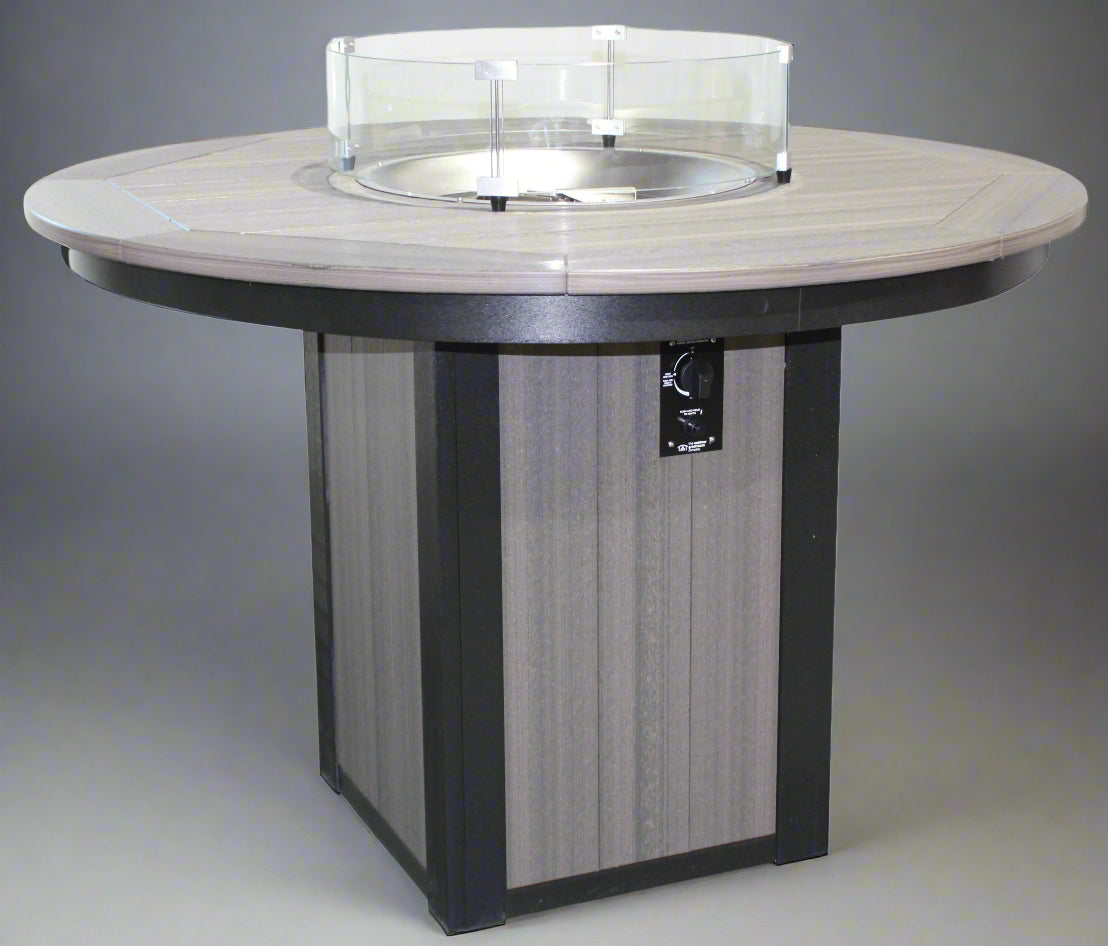 Amish Buckeye Poly 54" Round Counter Firepit Dining Table - Gas Powered - Shown In Driftwood Gray on Black Poly Colors - Main Photo