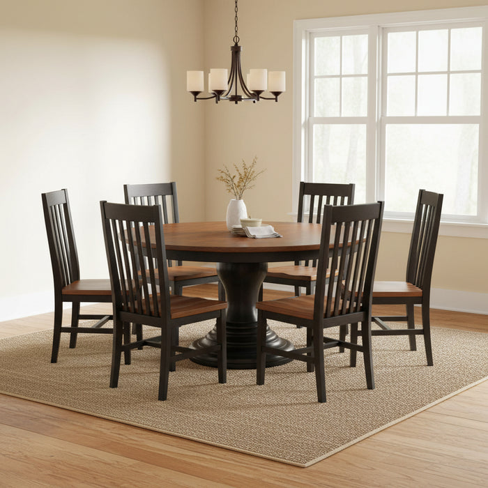 Amish Buckeye Round Single Pedestal Table - 2-Tone - Round Amish Dining Table - Rounded Pedestal Base - Contemporary Amish Table - Room Setting