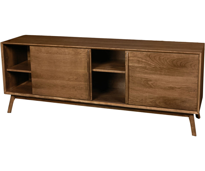 Amish Cambridge TV Stand With 2 Sliding Doors on Sap Cherry With Cappuccino Stain Modern Style (Open)