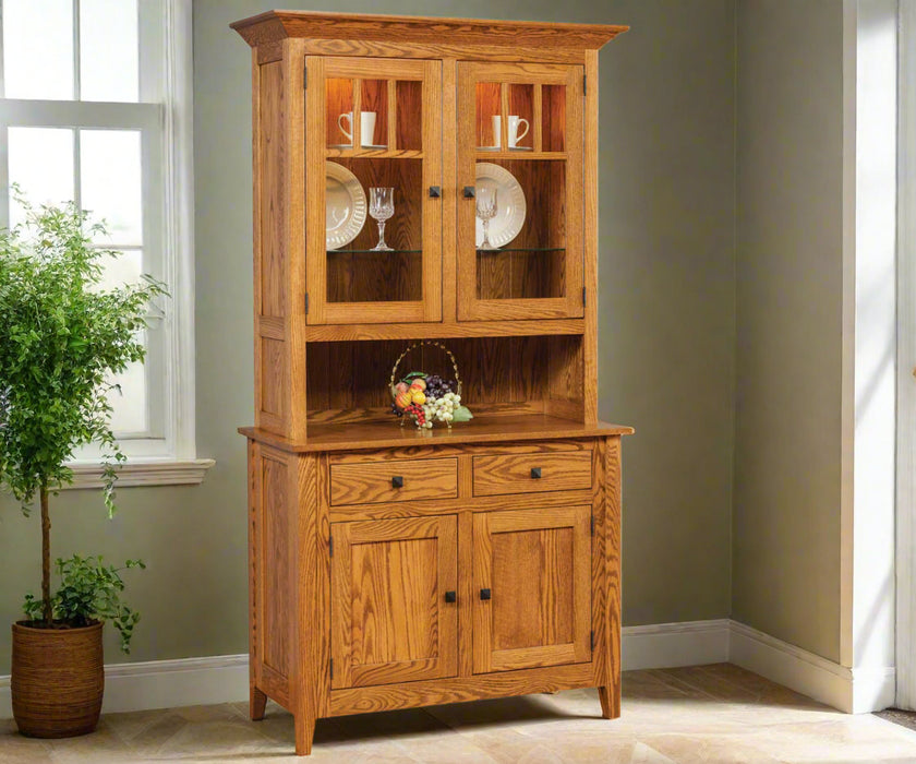 Amish Canterbury 2-Door Hutch
Hardware: D522-BL Knobs
Standard with Shiplap back Touch Lights
(2) Adjustable Glass Shelves in Top
(1) Adjustable Wood Shelf in Base.