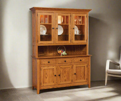 Amish Canterbury 3-Door Hutch
Hardware: D522-BL Knobs
Standard with Touch Lights
(2) Adjustable Glass Shelves in Top
(1) Adjustable Wood Shelf in Base.