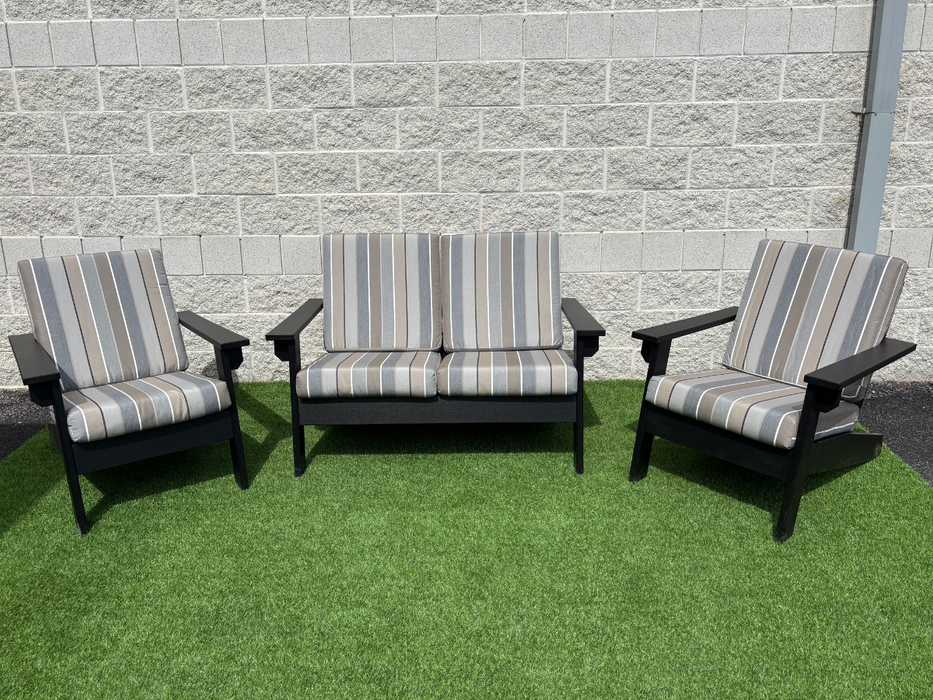 Amish Cape May Cushioned Seating Set - Loveseat & Chairs - Tangent Poly - Sunbrella Fabric - Black - Milano Char 2