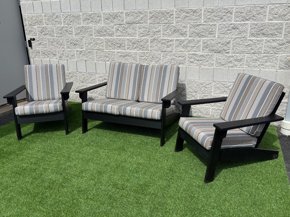 Amish Cape May Cushioned Seating Set - Loveseat & Chairs - Tangent Poly - Sunbrella Fabric - Black - Milano Char