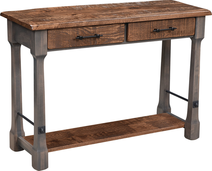 Carla Sofa Table Rough Sawn with Metal Bars Amish Made Front Facing