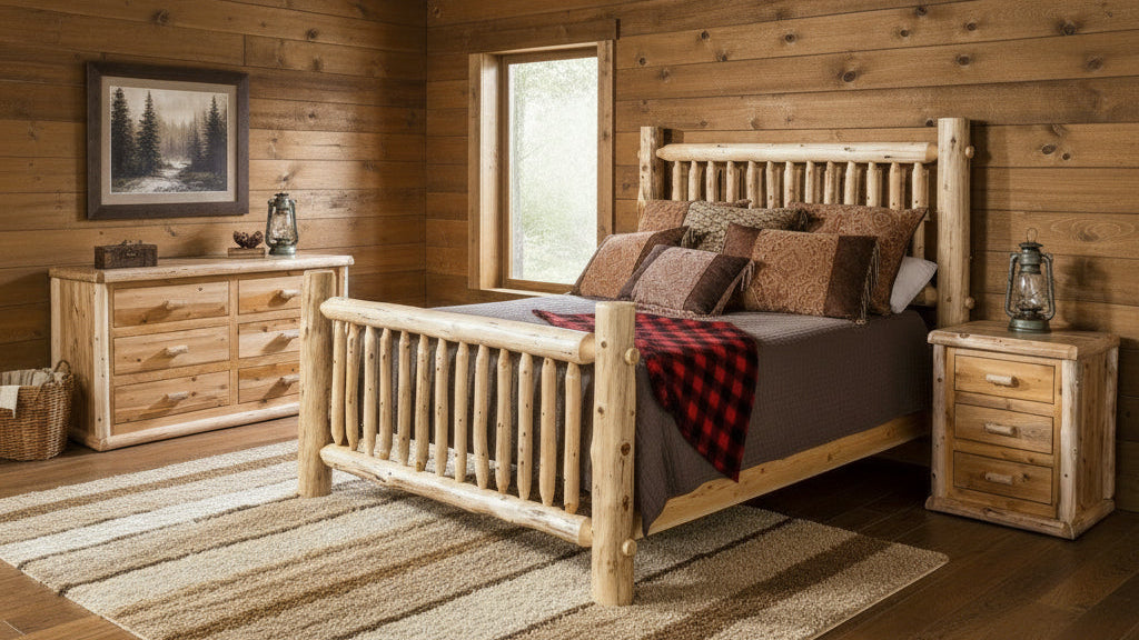 Amish Cedar Grove Cedar Log Bedroom Set with Spindle Log Bed Nightstand and Dresser Cedar Cabin Furniture