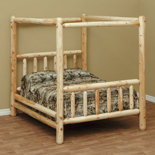 A queen-size Amish Great Lakes Cedar Log Canopy Bed with a white cedar wood frame and a clear coat finish.