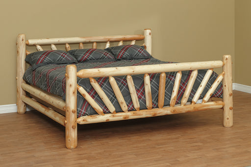 A king-size Amish Great Lakes Sunburst Cedar Log Bed with a white cedar wood construction, featuring a slat design and a sunburst pattern on the headboard.