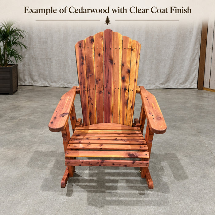 A handmade wooden Adirondack chair with a slatted seat and curved backrest, made from stained wood with warm reddish-brown and golden tones, shown in a showroom setting.