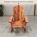 A handmade wooden Adirondack chair with a slatted seat and curved backrest, made from stained wood with warm reddish-brown and golden tones, shown in a showroom setting.